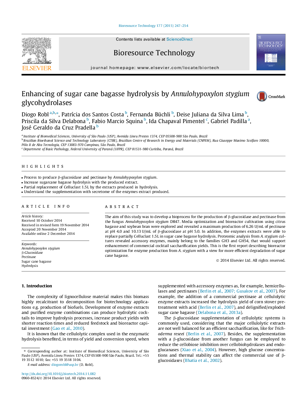 Enhancing of sugar cane bagasse hydrolysis by Annulohypoxylon stygium glycohydrolases