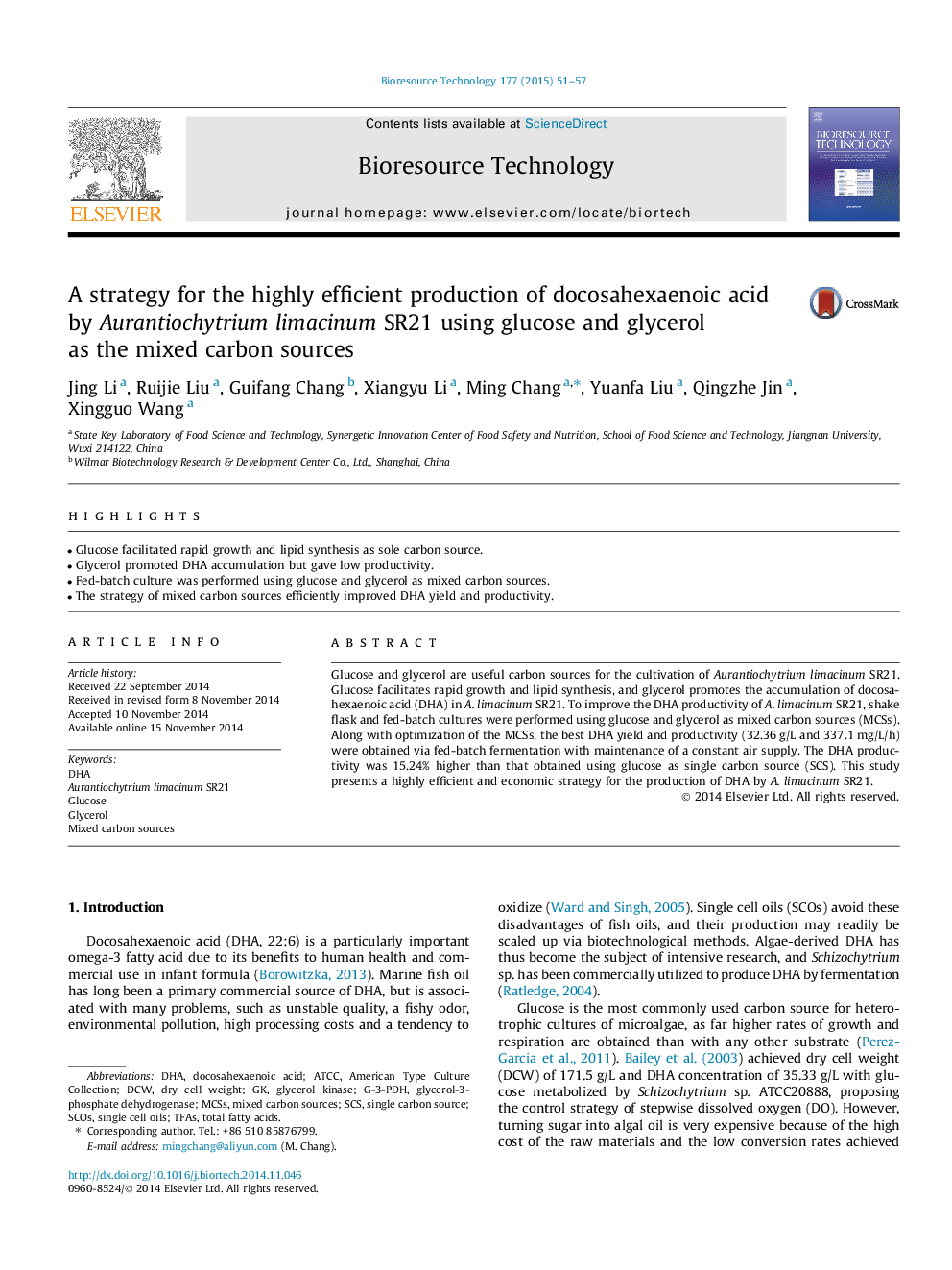 A strategy for the highly efficient production of docosahexaenoic acid by Aurantiochytrium limacinum SR21 using glucose and glycerol as the mixed carbon sources