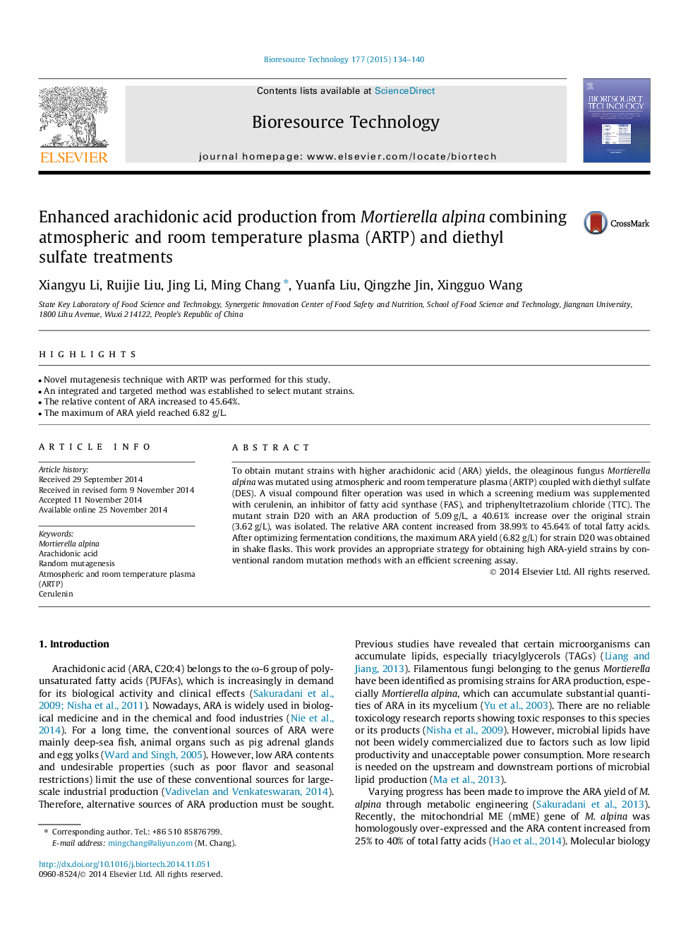 Enhanced arachidonic acid production from Mortierella alpina combining atmospheric and room temperature plasma (ARTP) and diethyl sulfate treatments