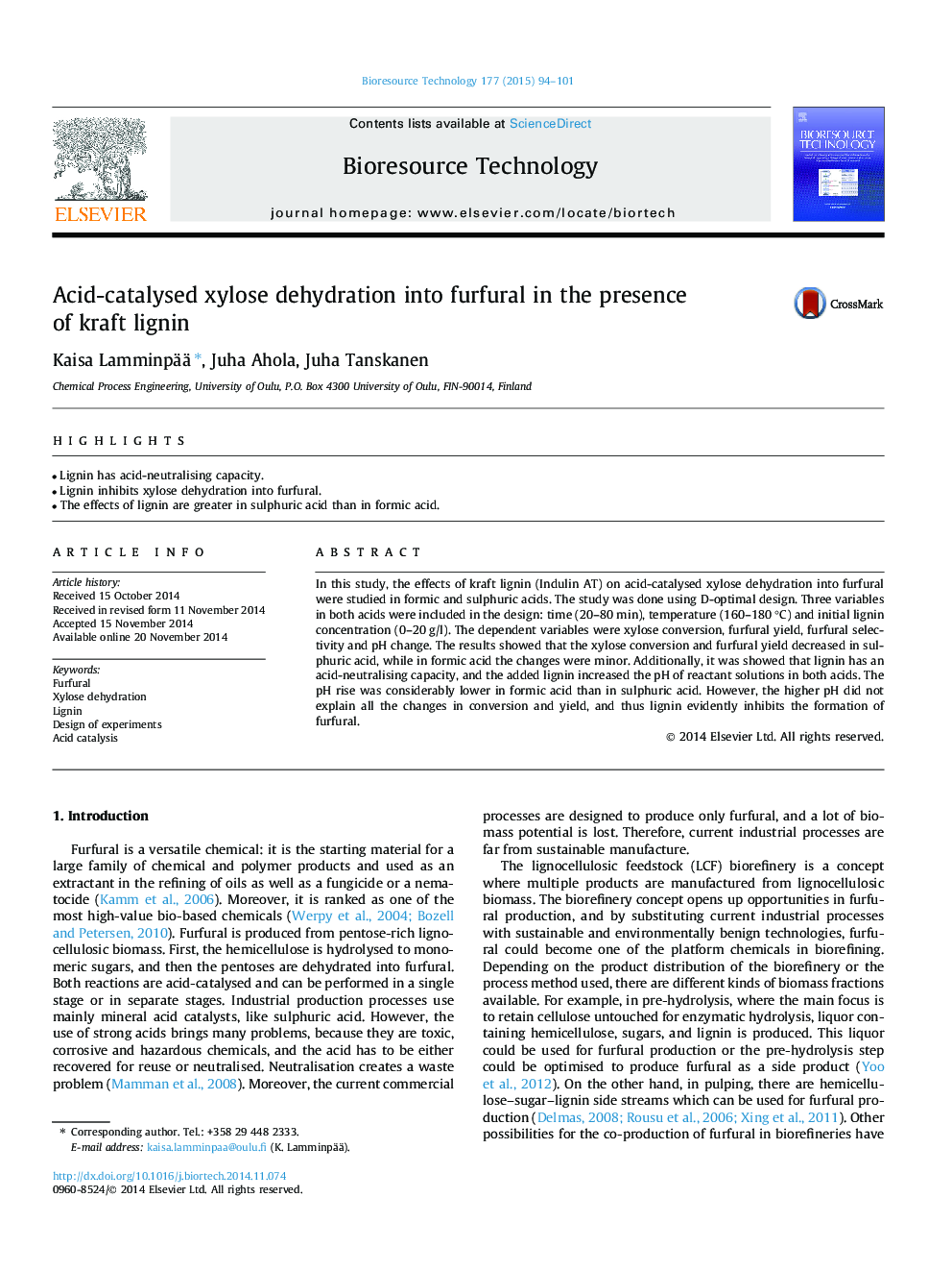 Acid-catalysed xylose dehydration into furfural in the presence of kraft lignin