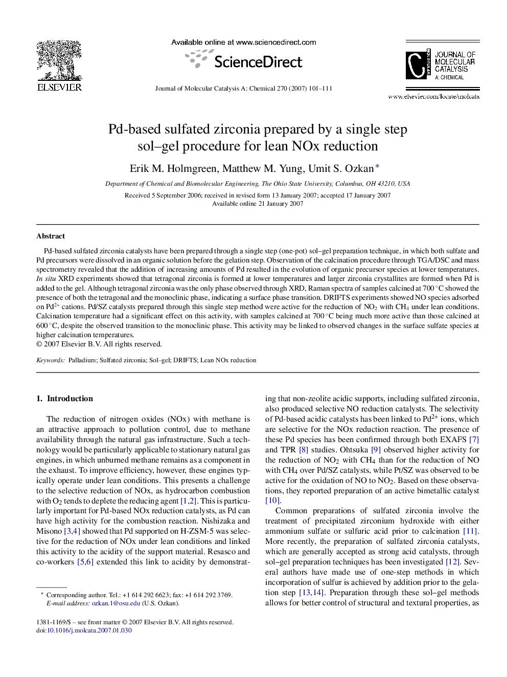 Pd-based sulfated zirconia prepared by a single step sol–gel procedure for lean NOx reduction