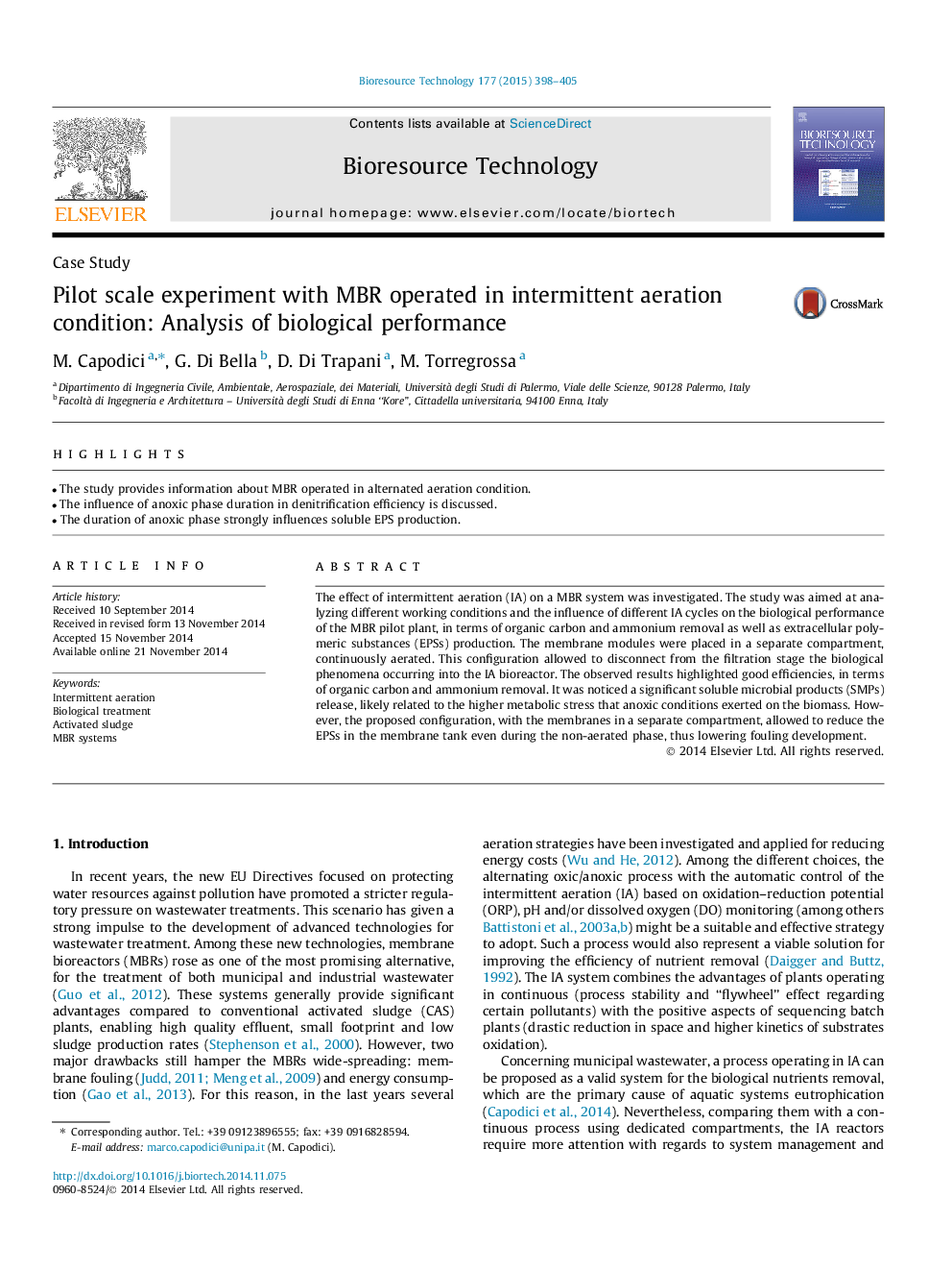 Pilot scale experiment with MBR operated in intermittent aeration condition: Analysis of biological performance