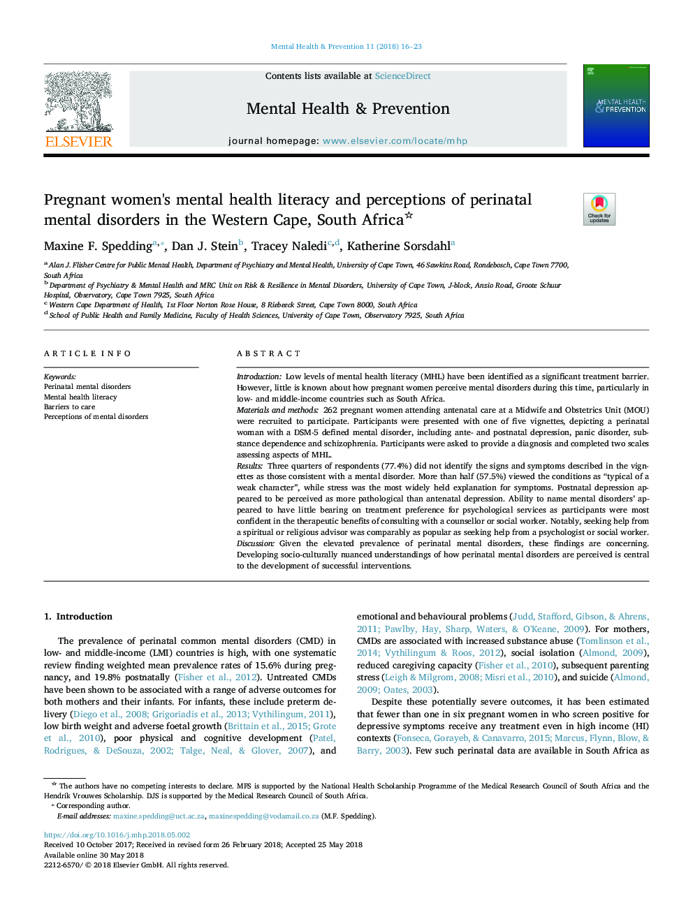 Pregnant women's mental health literacy and perceptions of perinatal mental disorders in the Western Cape, South Africa