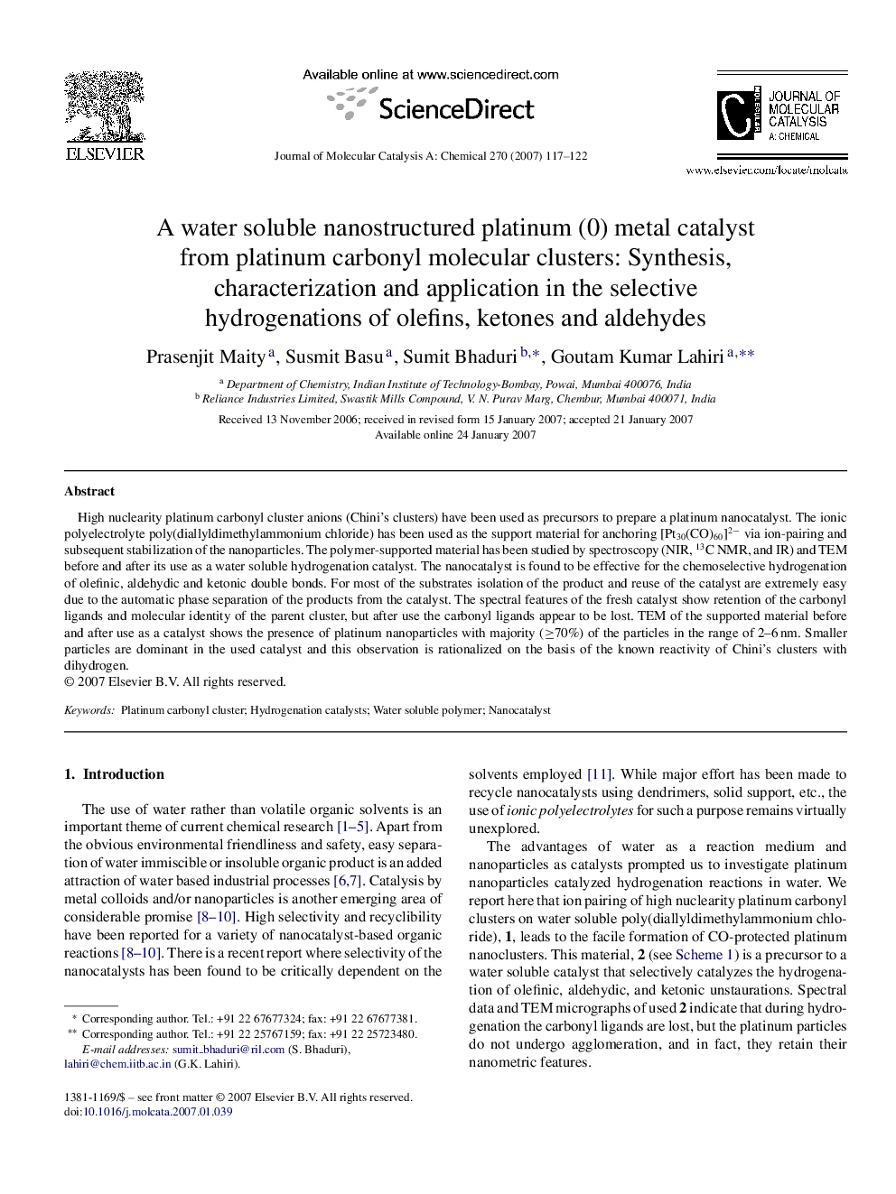 A water soluble nanostructured platinum (0) metal catalyst from platinum carbonyl molecular clusters: Synthesis, characterization and application in the selective hydrogenations of olefins, ketones and aldehydes