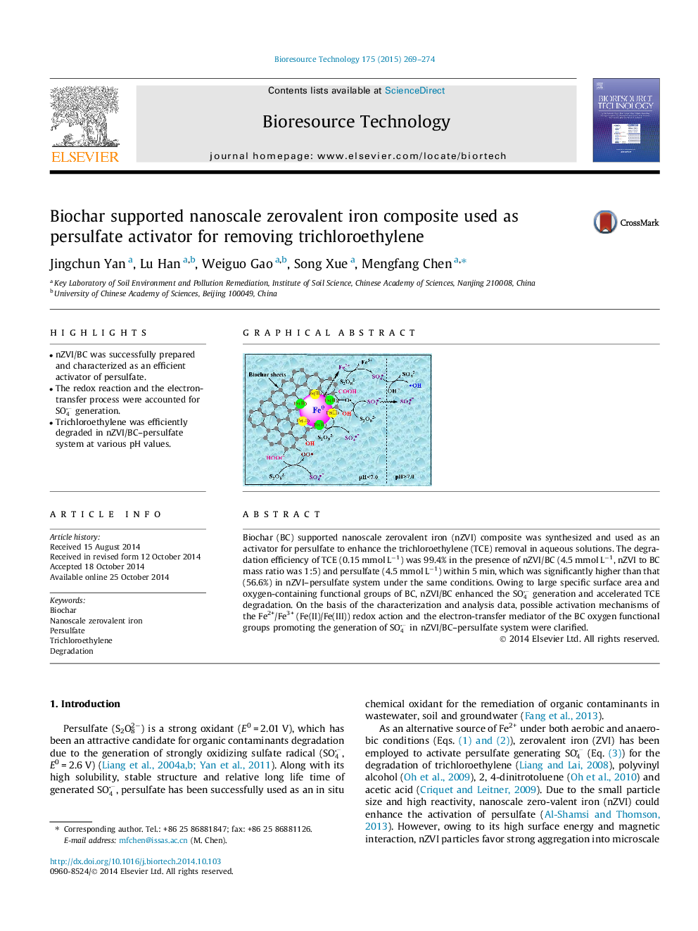 Biochar supported nanoscale zerovalent iron composite used as persulfate activator for removing trichloroethylene