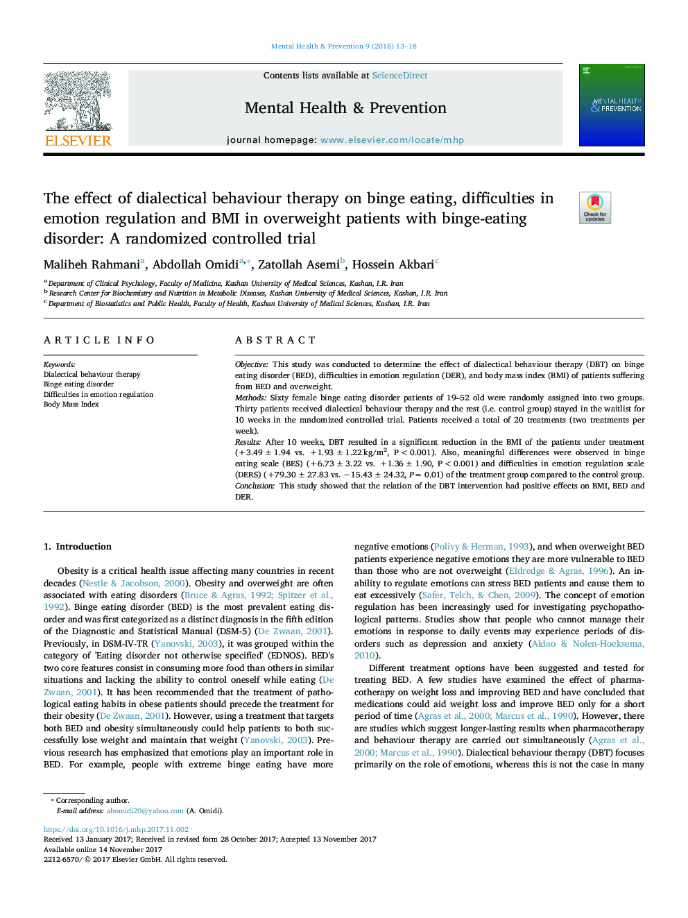 The effect of dialectical behaviour therapy on binge eating, difficulties in emotion regulation and BMI in overweight patients with binge-eating disorder: A randomized controlled trial