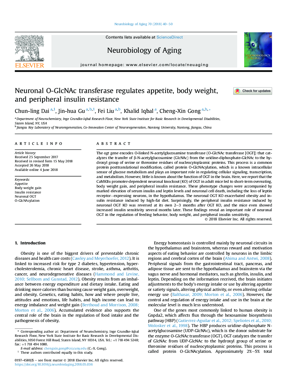 Neuronal O-GlcNAc transferase regulates appetite, body weight, and peripheral insulin resistance