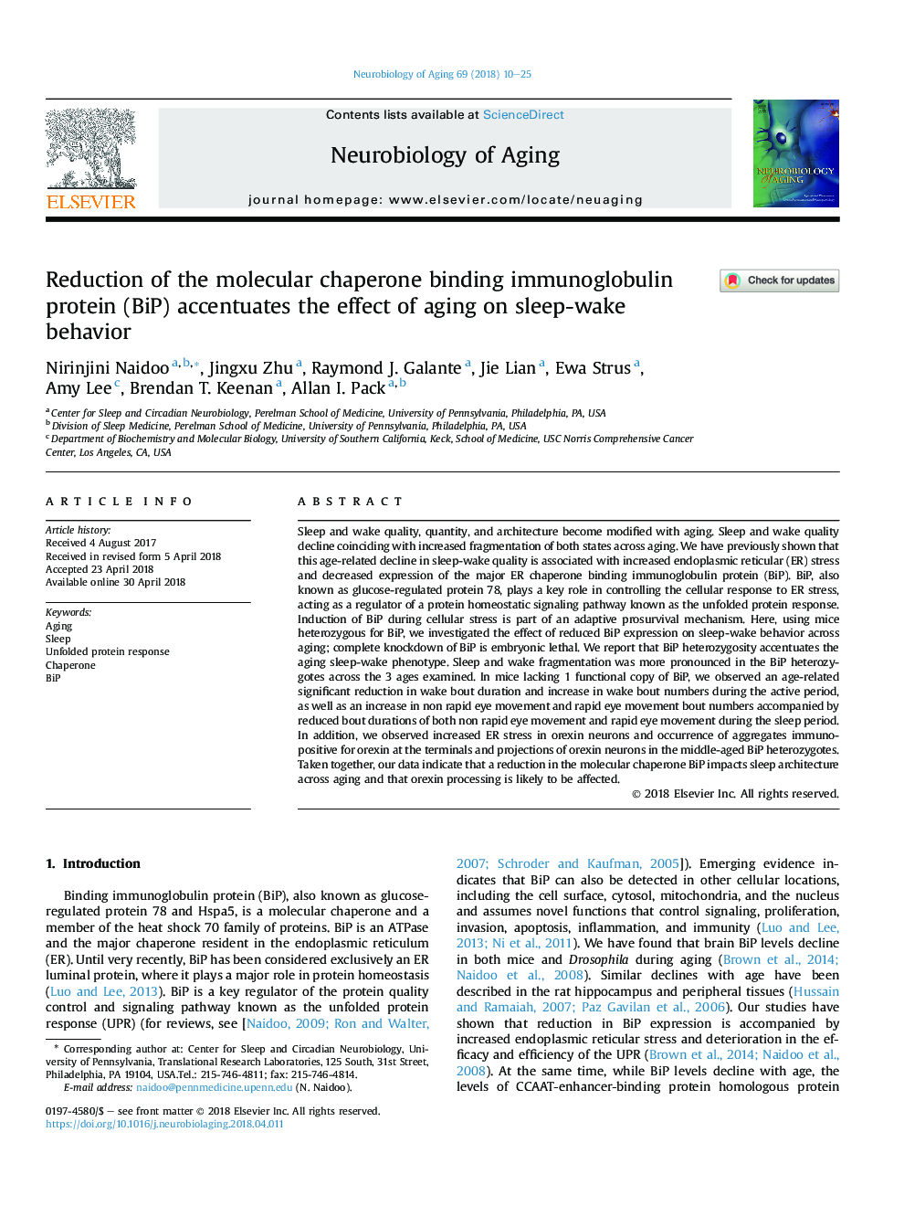 Reduction of the molecular chaperone binding immunoglobulin protein (BiP) accentuates the effect of aging on sleep-wake behavior