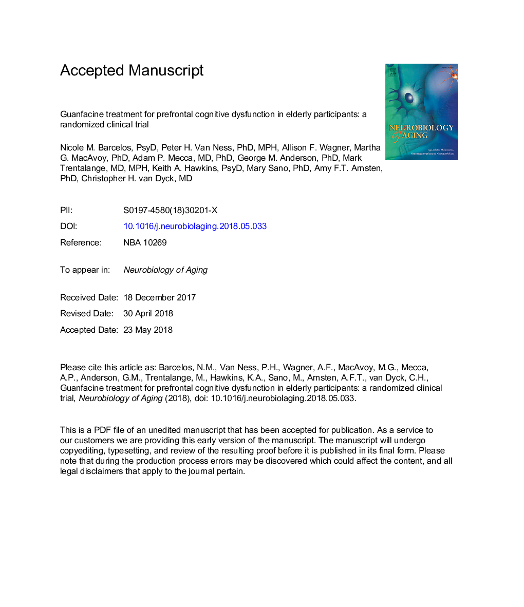 Guanfacine treatment for prefrontal cognitive dysfunction in older participants: a randomized clinical trial