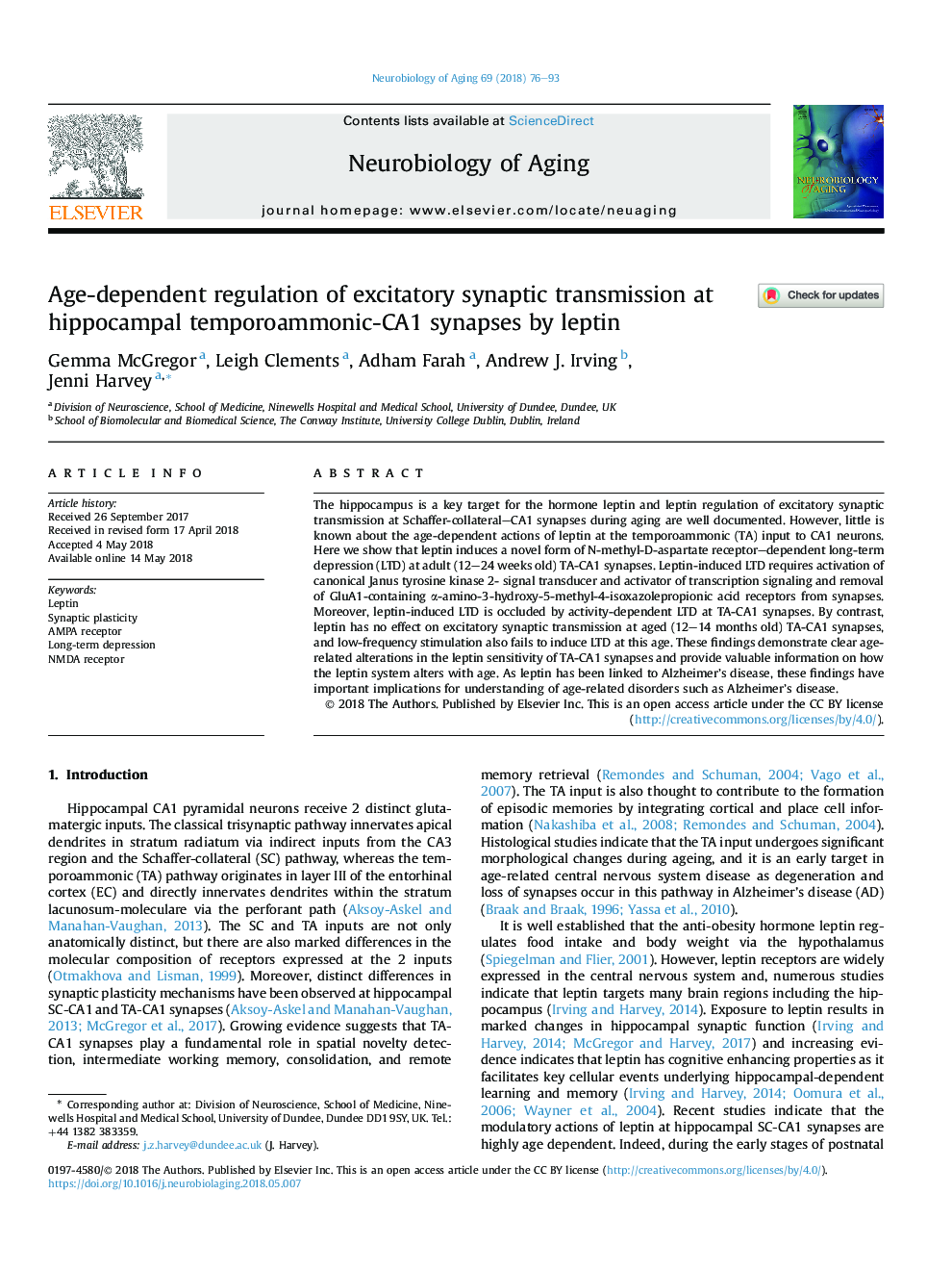 Age-dependent regulation of excitatory synaptic transmission at hippocampal temporoammonic-CA1 synapses by leptin