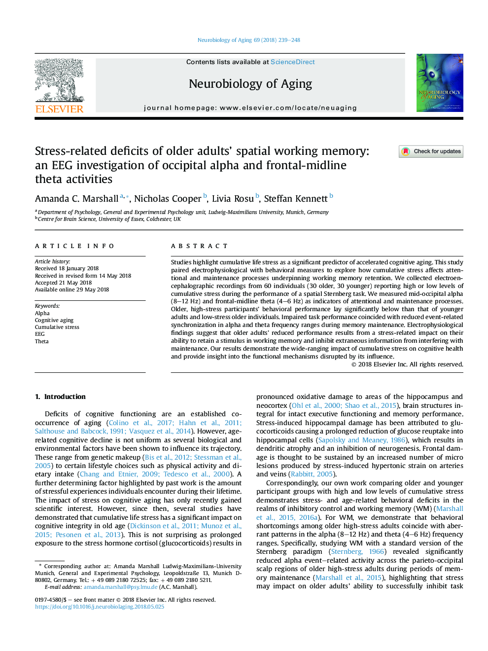 Stress-related deficits of older adults' spatial working memory: anÂ EEG investigation of occipital alpha and frontal-midline thetaÂ activities