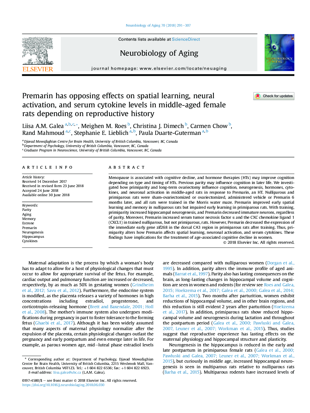 Premarin has opposing effects on spatial learning, neural activation, and serum cytokine levels in middle-aged female ratsÂ depending on reproductive history