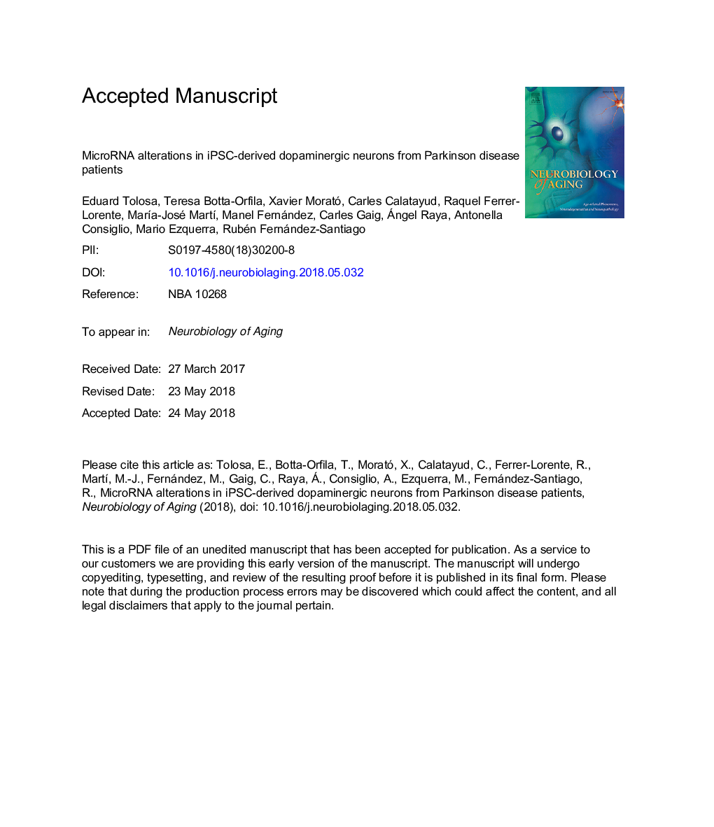 MicroRNA alterations in iPSC-derived dopaminergic neurons from Parkinson disease patients