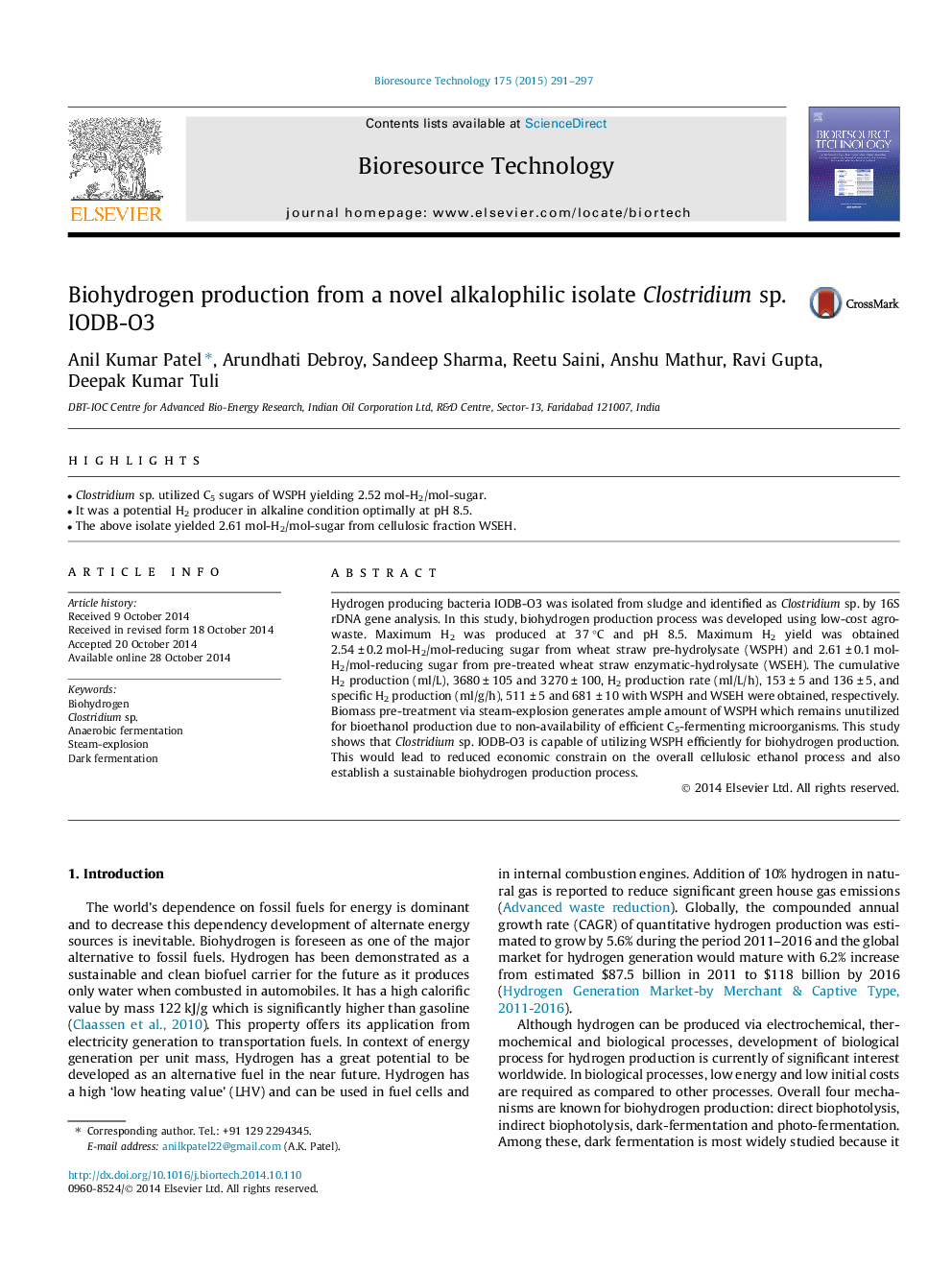 Biohydrogen production from a novel alkalophilic isolate Clostridium sp. IODB-O3