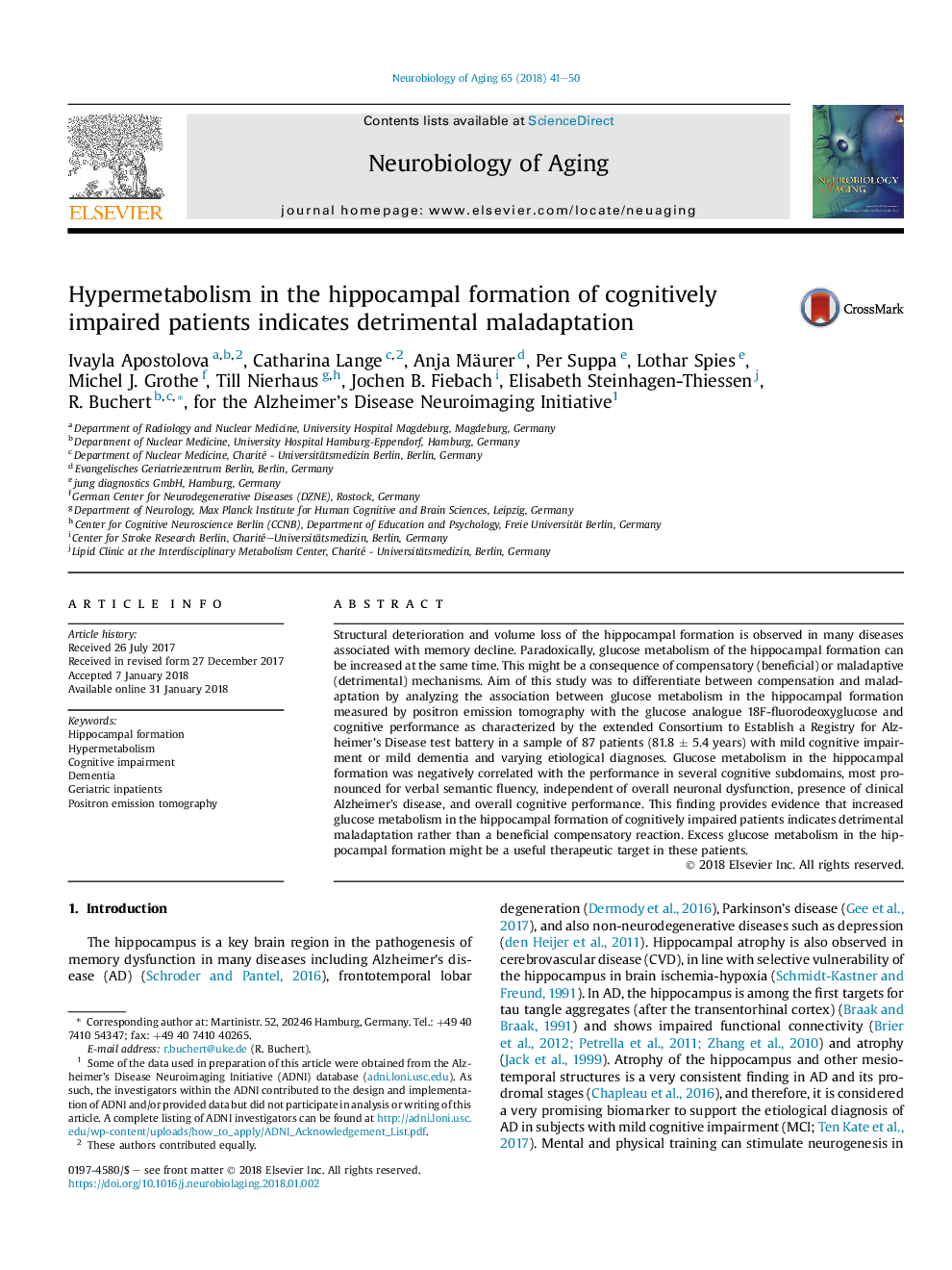 Hypermetabolism in the hippocampal formation of cognitively impaired patients indicates detrimental maladaptation