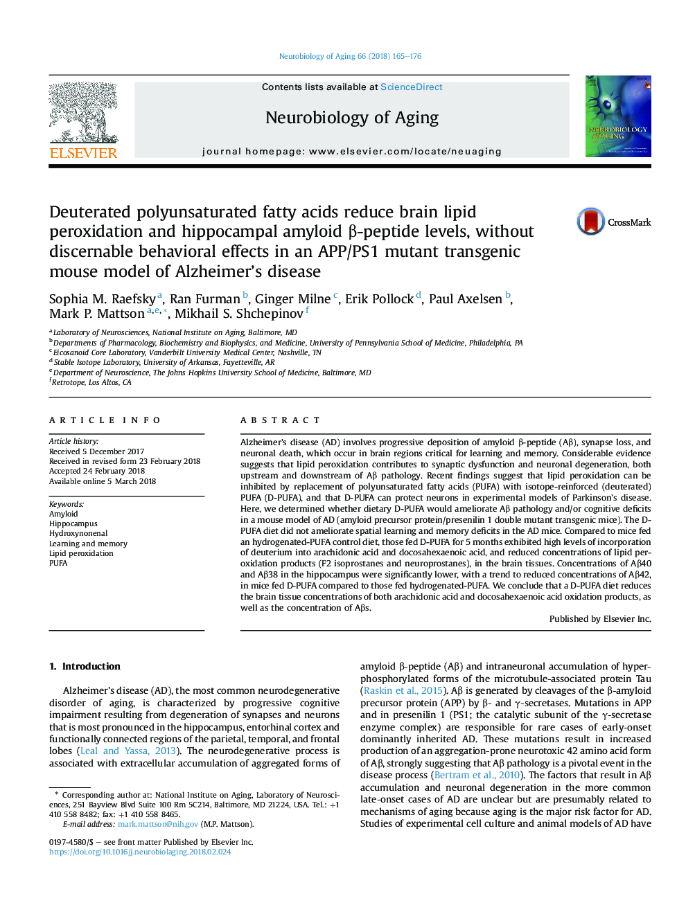 Deuterated polyunsaturated fatty acids reduce brain lipid peroxidation and hippocampal amyloid Î²-peptide levels, without discernable behavioral effects in an APP/PS1 mutant transgenic mouse model of Alzheimer's disease