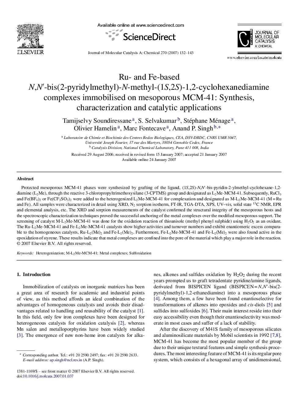 عکس صفحه اول مقاله: Ru- and Fe-based N,N′-bis(2-pyridylmethyl)-N-methyl-(1S,2S)-1,2-cyclohexanediamine complexes immobilised on mesoporous MCM-41: Synthesis, characterization and catalytic applications Ru- and Fe-based N,N′-bis(2-pyridylmethyl)-N-methyl-(1S,2S)-1,2-cyclohexanediamine complexes immobilised on mesoporous MCM-41: Synthesis, characterization and catalytic applications