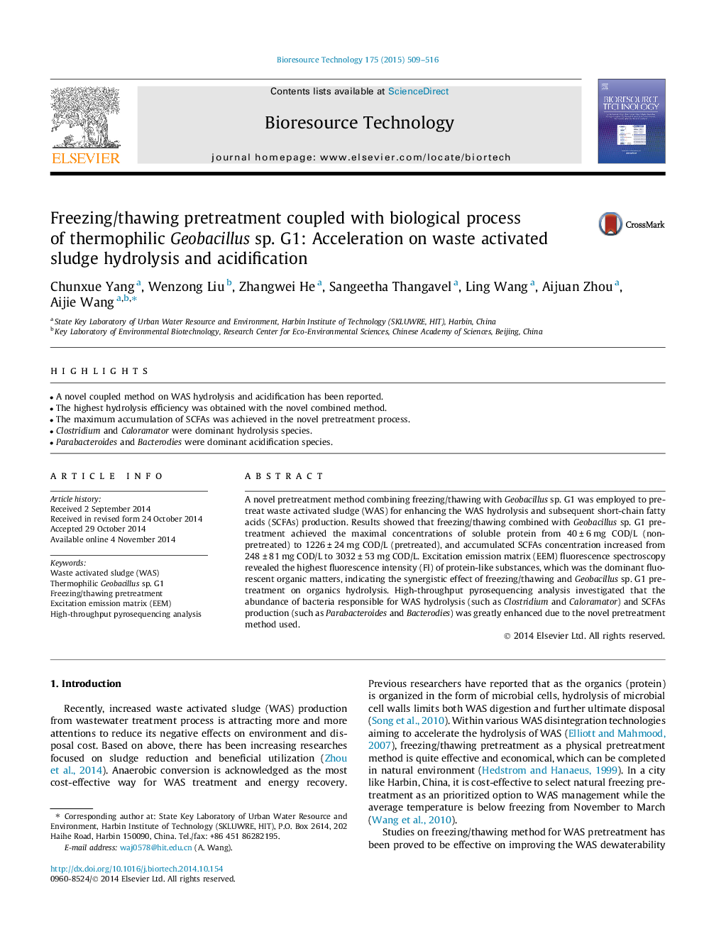 Freezing/thawing pretreatment coupled with biological process of thermophilic Geobacillus sp. G1: Acceleration on waste activated sludge hydrolysis and acidification