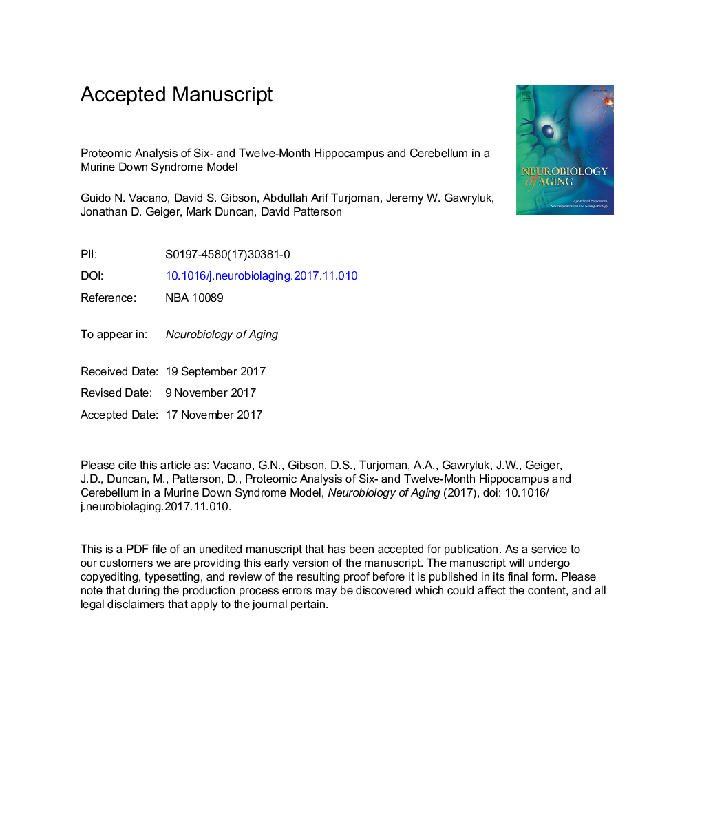 آنالیز پروتئومیکیک هیپوکامپ شش و دوازده ماهه و مخچه در یک مدل سندرم داون موش 