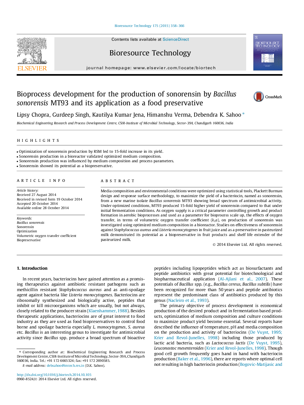 Bioprocess development for the production of sonorensin by Bacillus sonorensis MT93 and its application as a food preservative