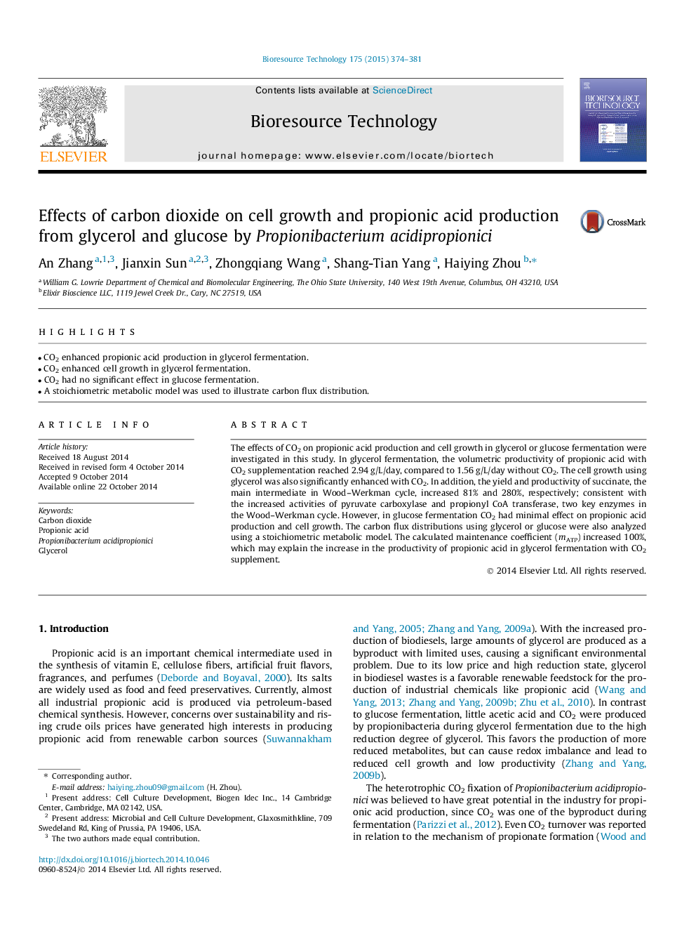 Effects of carbon dioxide on cell growth and propionic acid production from glycerol and glucose by Propionibacterium acidipropionici