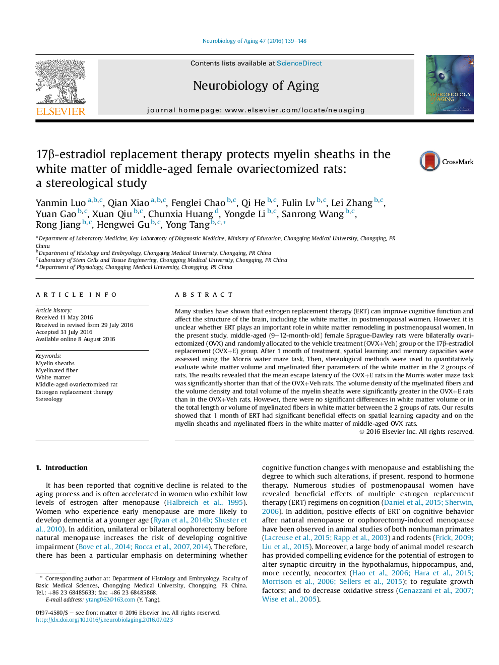 17Î²-estradiol replacement therapy protects myelin sheaths in the white matter of middle-aged female ovariectomized rats: a stereological study