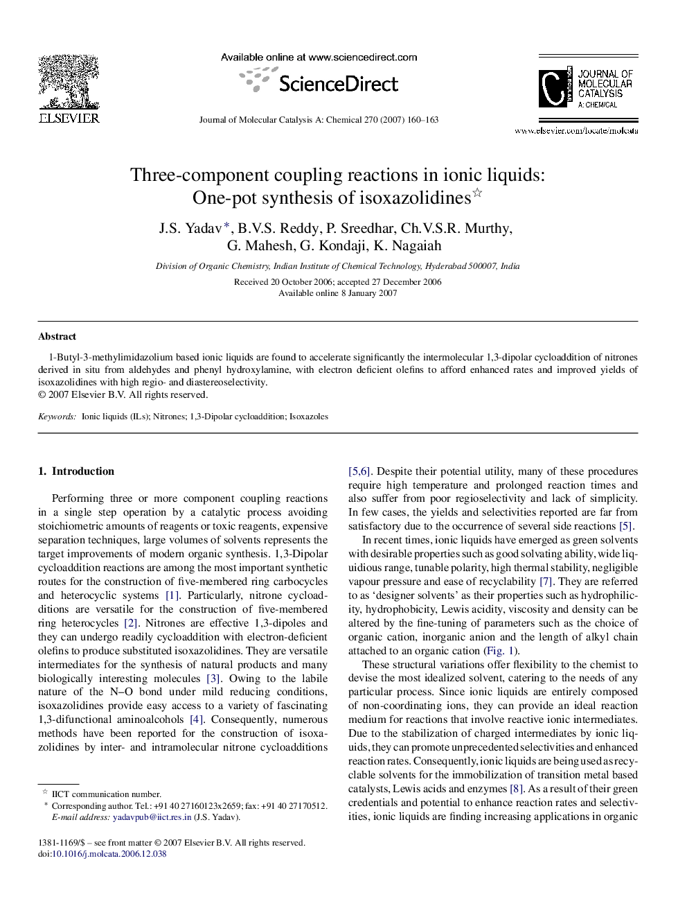 Three-component coupling reactions in ionic liquids: One-pot synthesis of isoxazolidines 