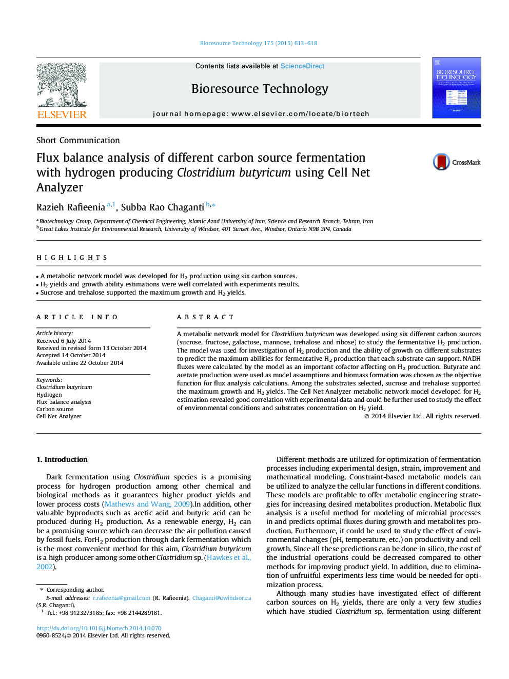 Flux balance analysis of different carbon source fermentation with hydrogen producing Clostridium butyricum using Cell Net Analyzer