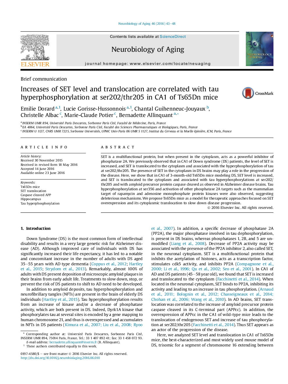 Increases of SET level and translocation are correlated with tau hyperphosphorylation at ser202/thr205 in CA1 of Ts65Dn mice