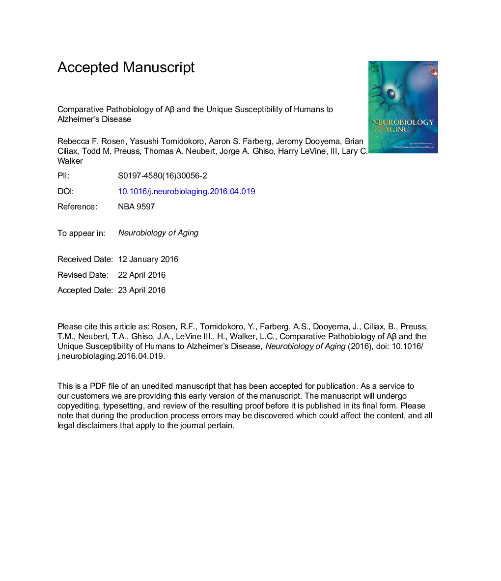 Comparative pathobiology of Î²-amyloid and the unique susceptibility of humans to Alzheimer's disease