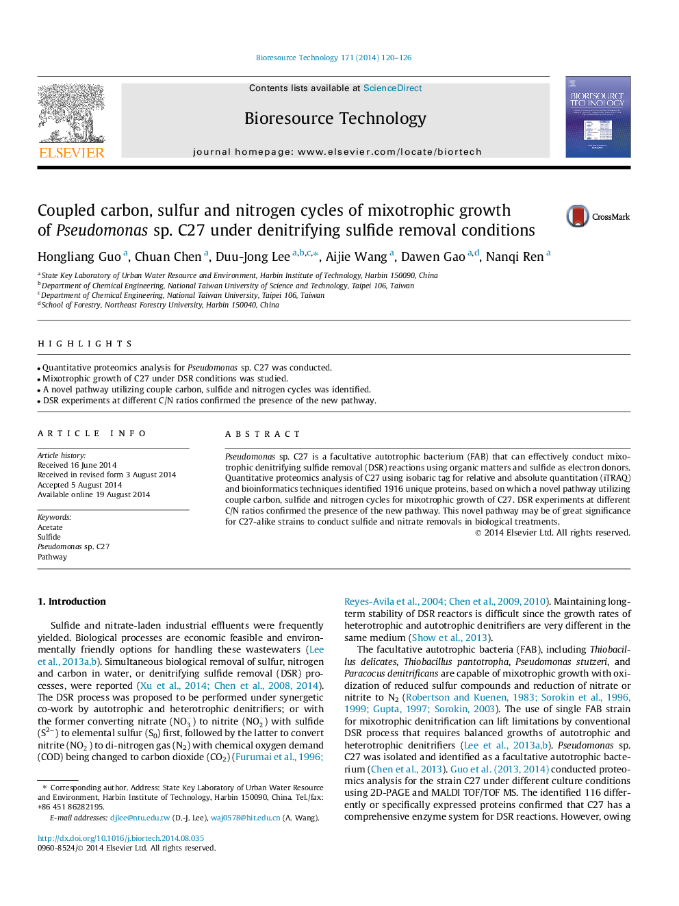 Coupled carbon, sulfur and nitrogen cycles of mixotrophic growth of Pseudomonas sp. C27 under denitrifying sulfide removal conditions