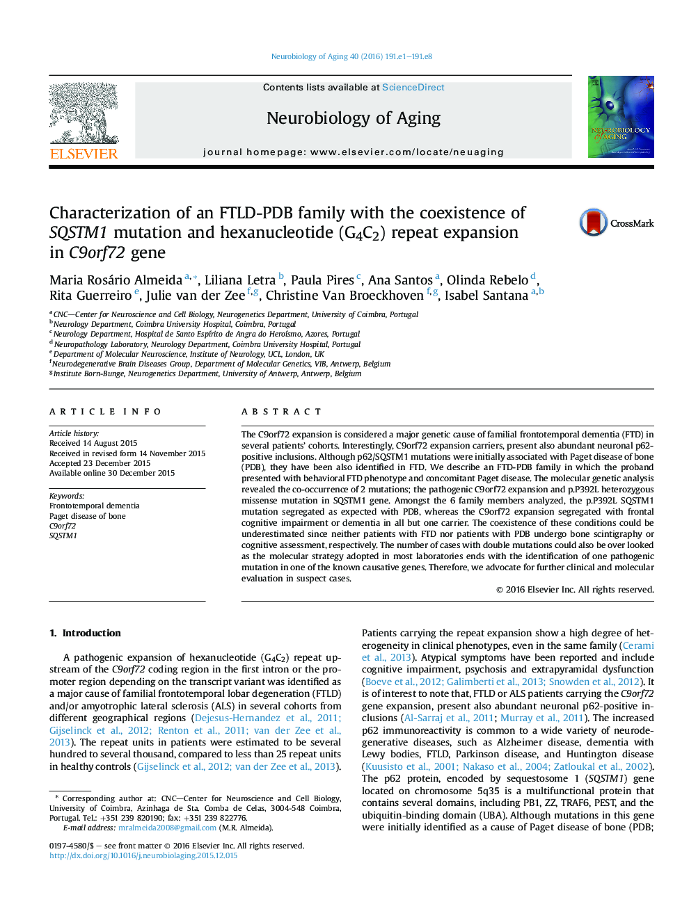 Characterization of an FTLD-PDB family with the coexistence of SQSTM1 mutation and hexanucleotide (G4C2) repeat expansion inÂ C9orf72 gene