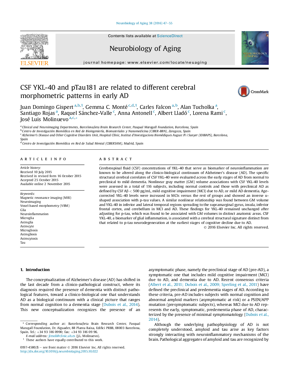 CSF YKL-40 and pTau181 are related to different cerebral morphometric patterns in early AD