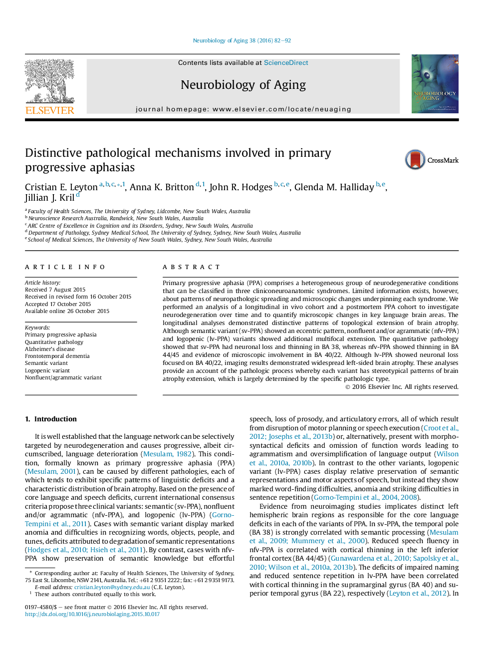 Distinctive pathological mechanisms involved in primary progressive aphasias