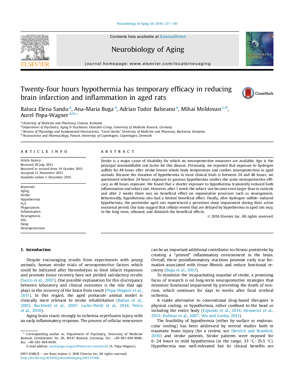 Twenty-four hours hypothermia has temporary efficacy in reducing brain infarction and inflammation in aged rats