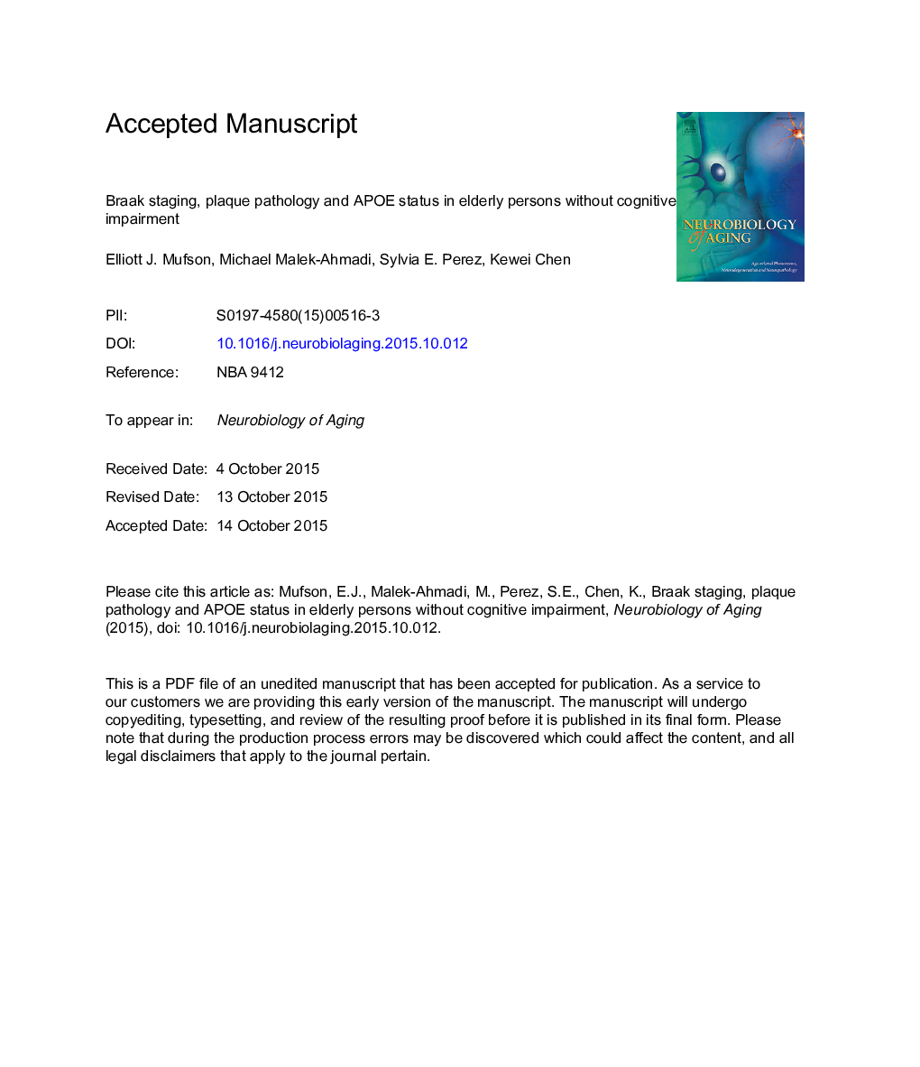 Braak staging, plaque pathology, and APOE status in elderly persons without cognitive impairment