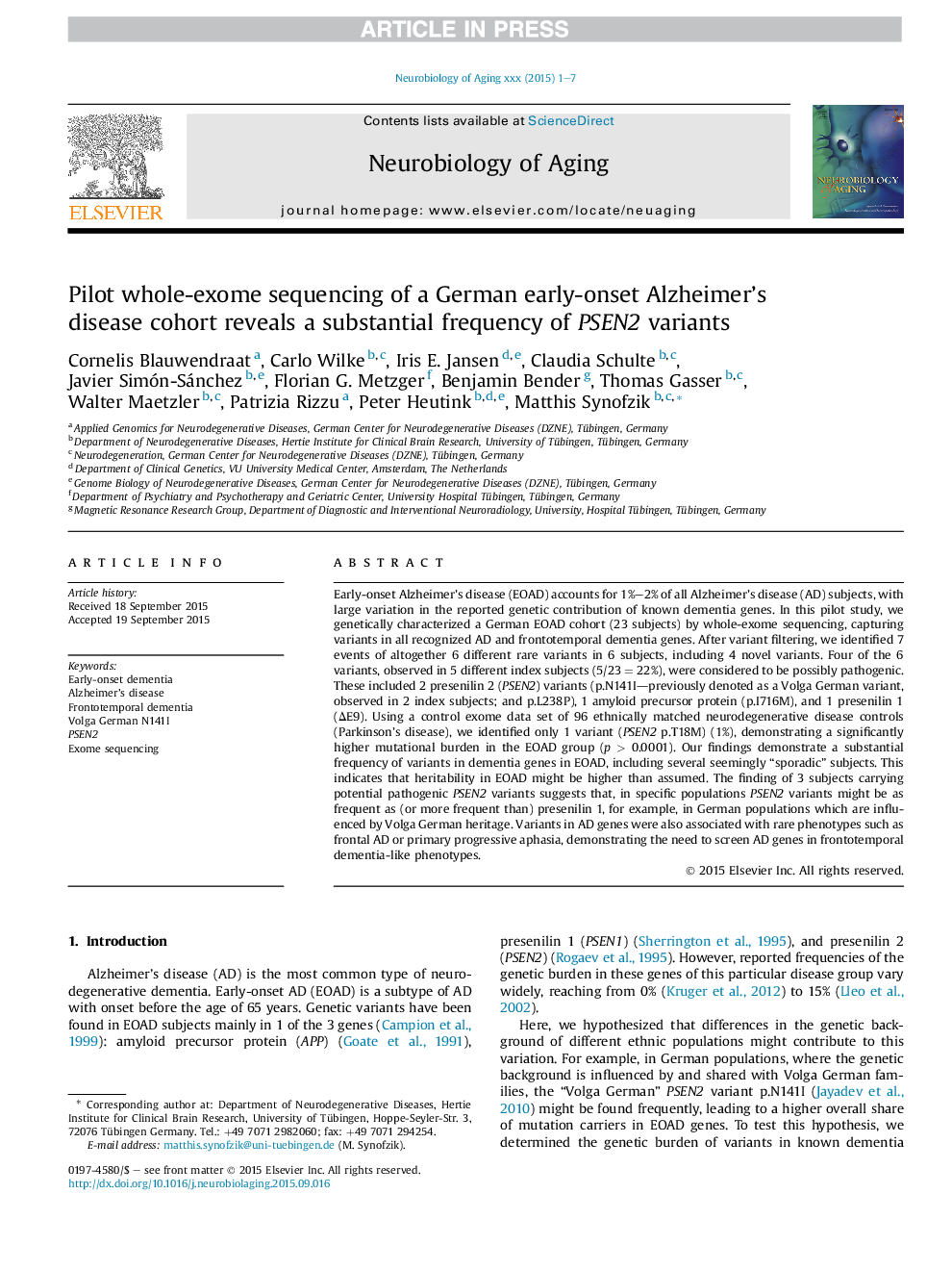 Pilot whole-exome sequencing of a German early-onset Alzheimer's disease cohort reveals a substantial frequency of PSEN2 variants