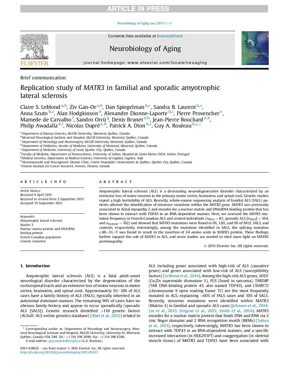 Replication study of MATR3 in familial and sporadic amyotrophic lateral sclerosis