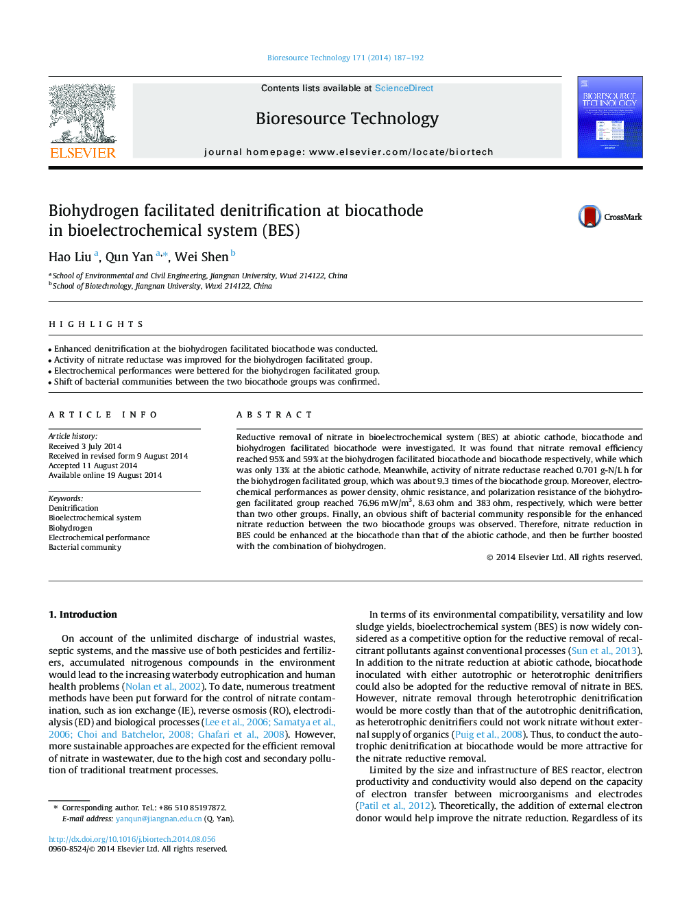 Biohydrogen facilitated denitrification at biocathode in bioelectrochemical system (BES)