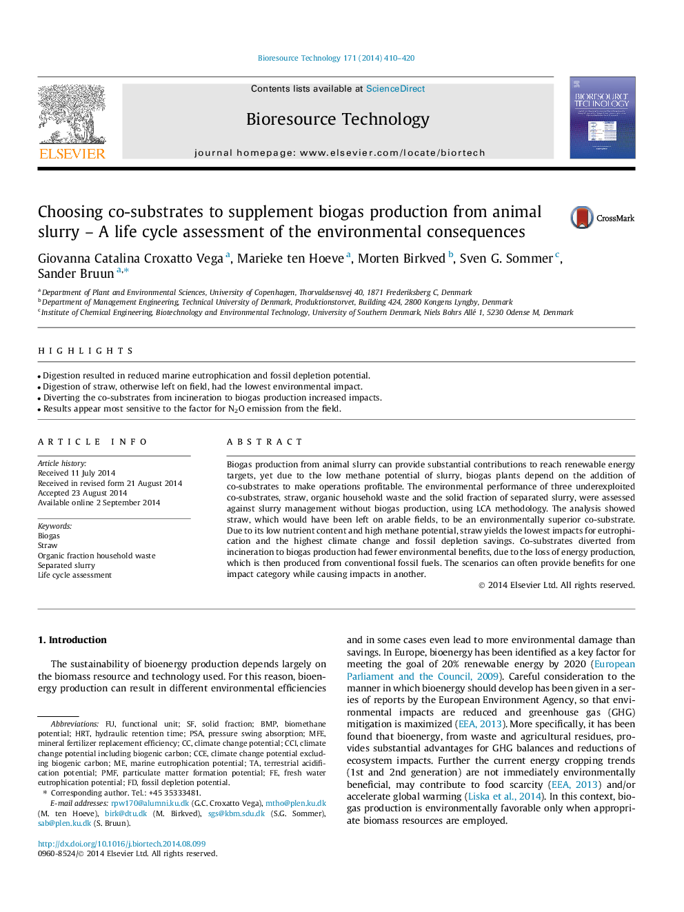 Choosing co-substrates to supplement biogas production from animal slurry – A life cycle assessment of the environmental consequences