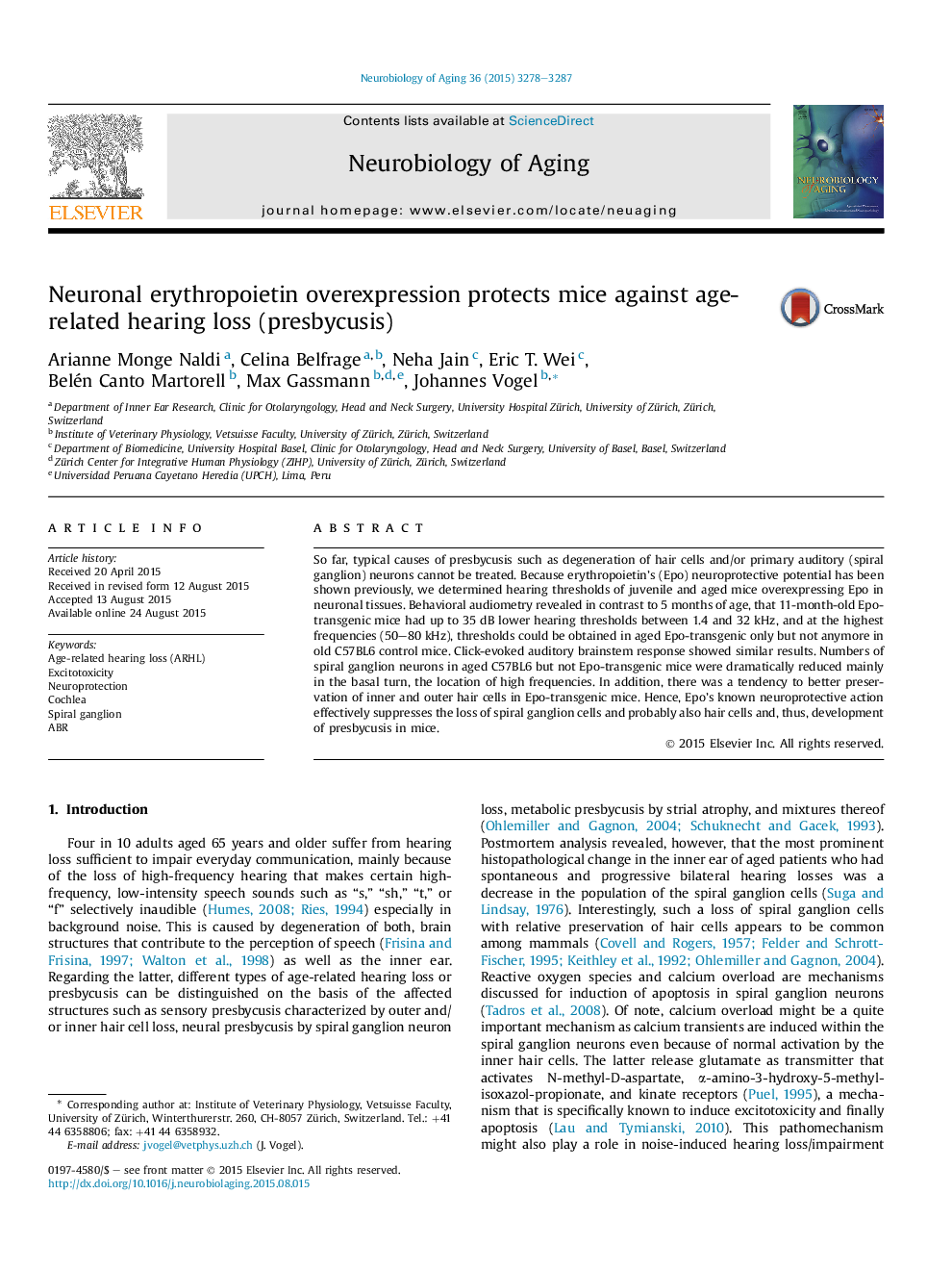 Neuronal erythropoietin overexpression protects mice against age-related hearing loss (presbycusis)