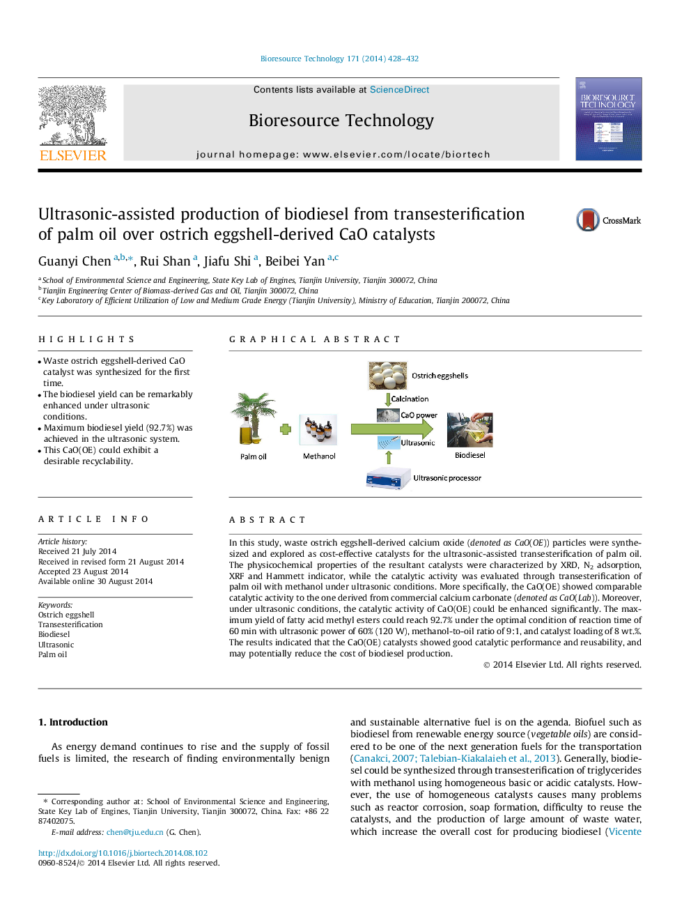 عکس صفحه اول مقاله: Ultrasonic-assisted production of biodiesel from transesterification of palm oil over ostrich eggshell-derived CaO catalysts Ultrasonic-assisted production of biodiesel from transesterification of palm oil over ostrich eggshell-derived CaO catalysts
