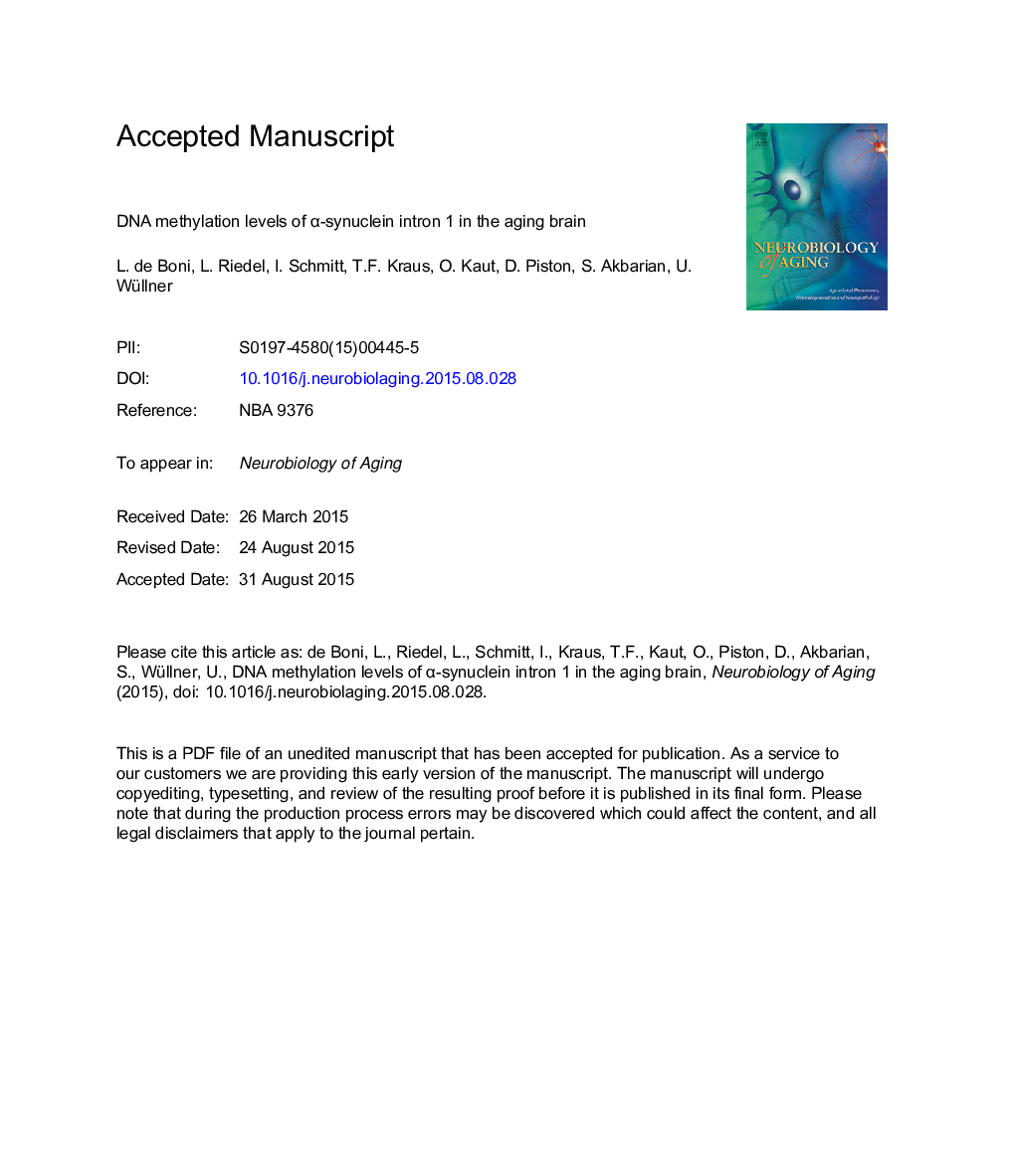 DNA methylation levels of Î±-synuclein intron 1 in the aging brain