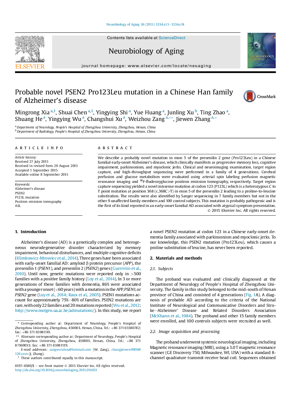 Probable novel PSEN2 Pro123Leu mutation in a Chinese Han family of Alzheimer's disease