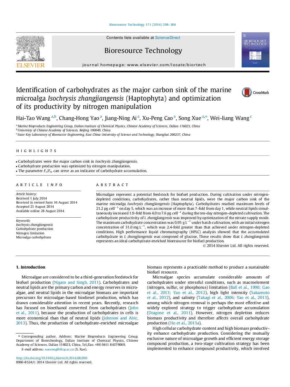 Identification of carbohydrates as the major carbon sink of the marine microalga Isochrysis zhangjiangensis (Haptophyta) and optimization of its productivity by nitrogen manipulation