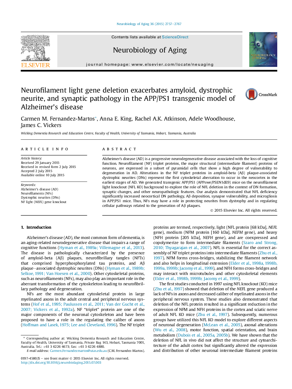 Neurofilament light gene deletion exacerbates amyloid, dystrophic neurite, and synaptic pathology in the APP/PS1 transgenic model of Alzheimer's disease