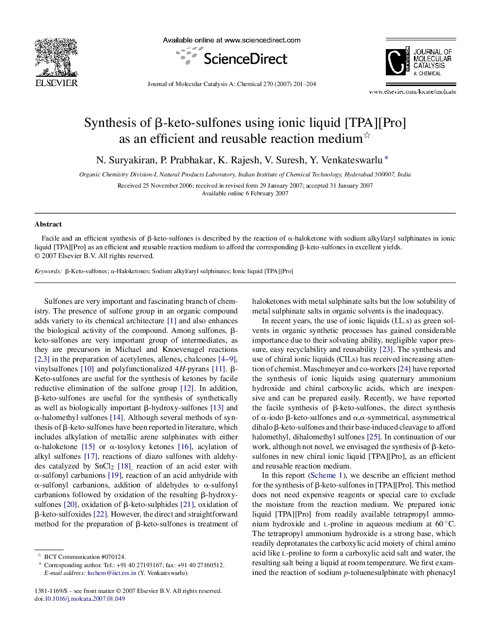 Synthesis of β-keto-sulfones using ionic liquid [TPA][Pro] as an efficient and reusable reaction medium 
