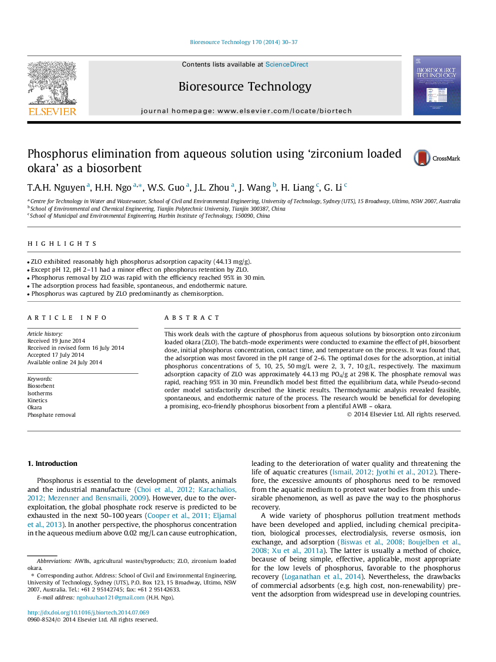 Phosphorus elimination from aqueous solution using ‘zirconium loaded okara’ as a biosorbent