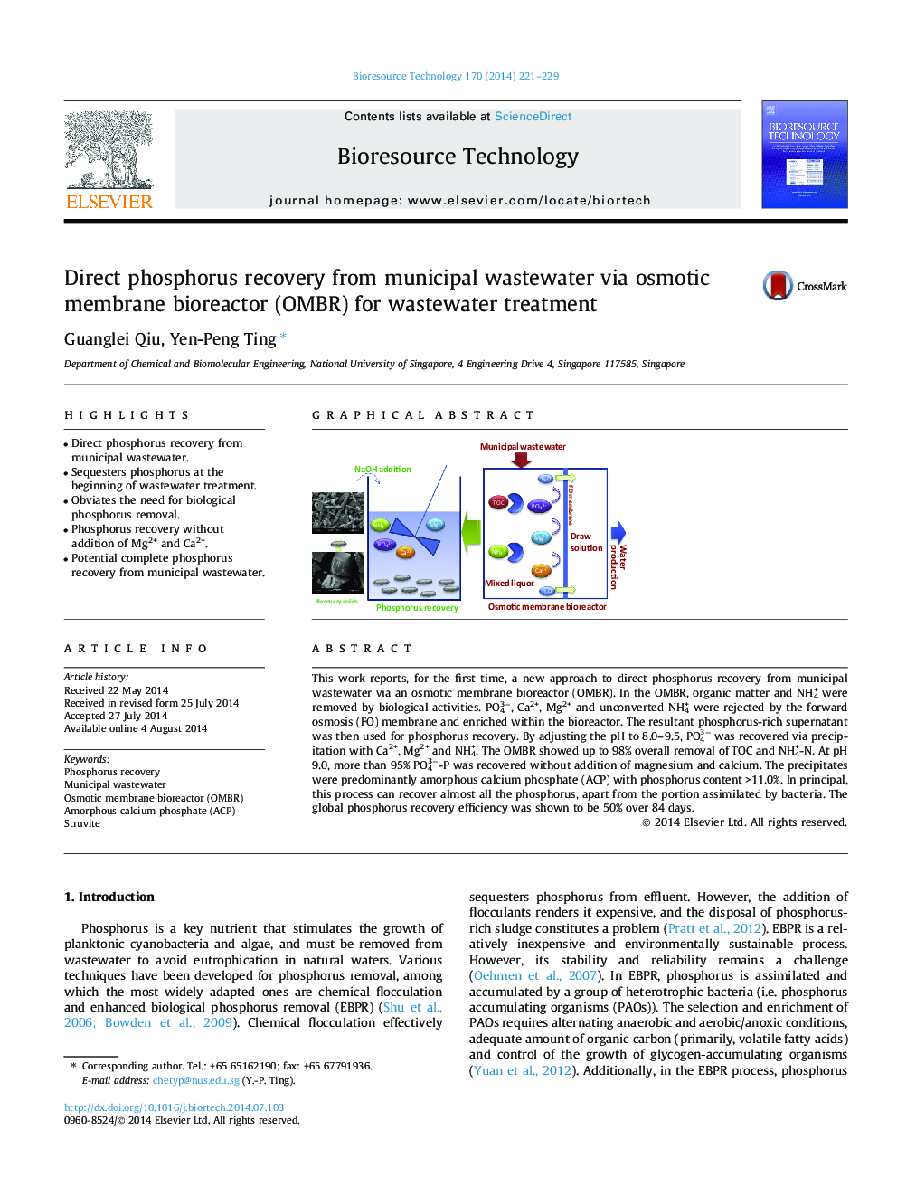 Direct phosphorus recovery from municipal wastewater via osmotic membrane bioreactor (OMBR) for wastewater treatment