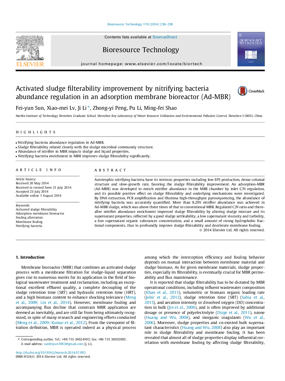 Activated sludge filterability improvement by nitrifying bacteria abundance regulation in an adsorption membrane bioreactor (Ad-MBR)